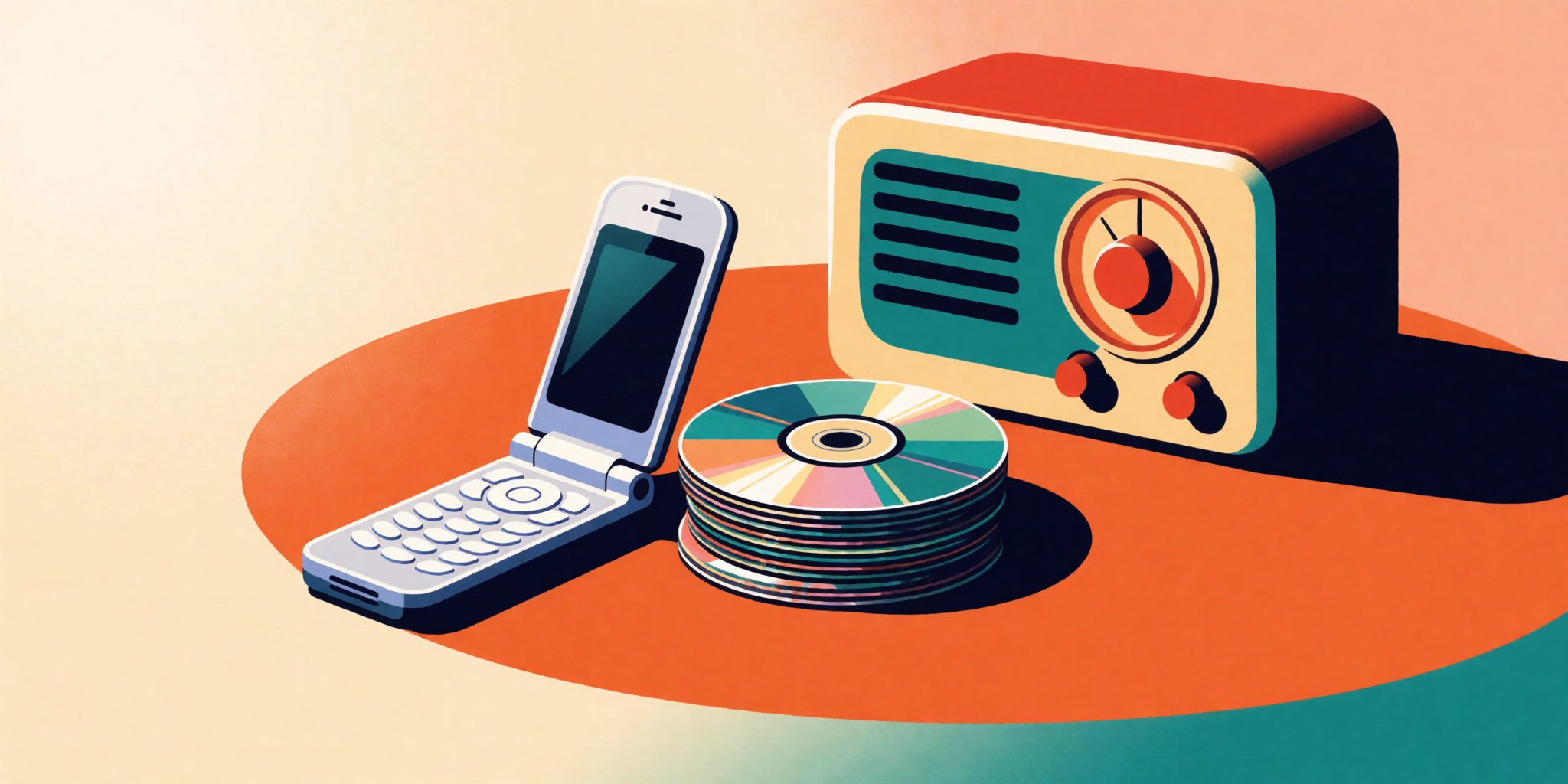 A flip phone, a stack of music CDs, and a retro radio.