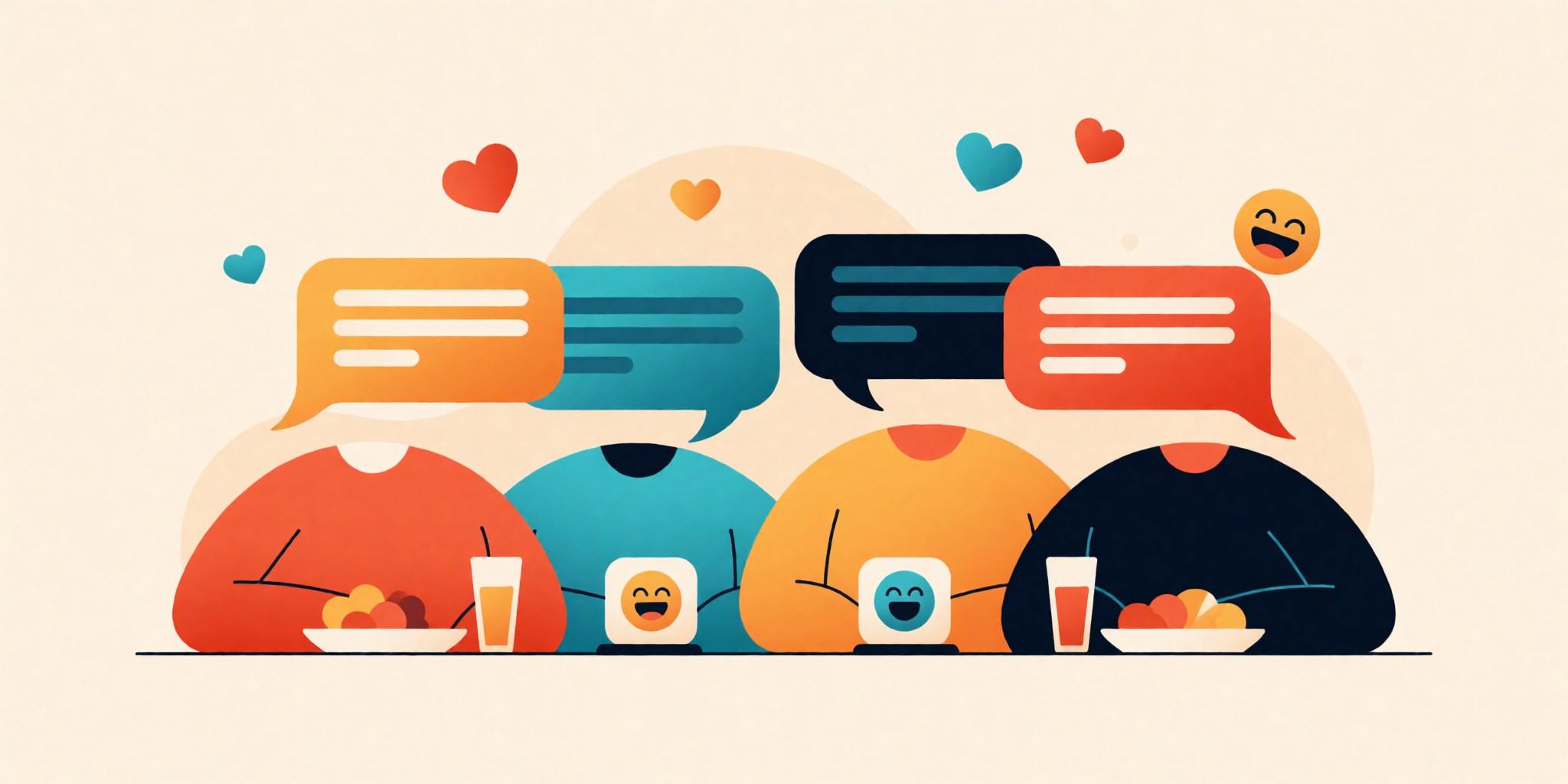 Retro chat bubbles and webcam tiles gathered like friends around a lunch table.