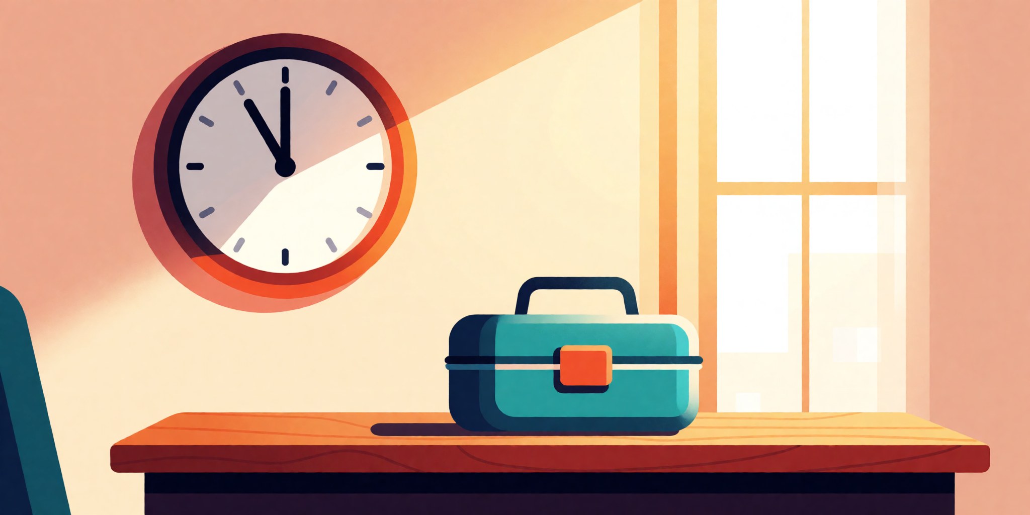 A cozy office wall clock showing nearly twelve o'clock beside a closed lunchbox waiting on a desk.