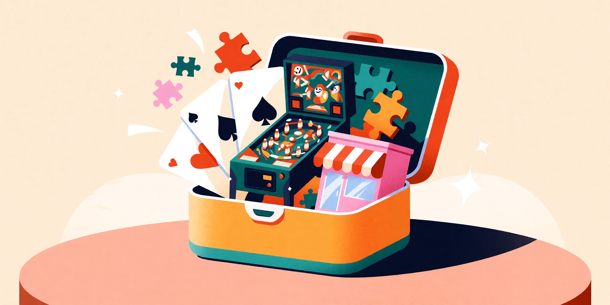 A lunchbox spilling out a pinball machine, playing cards, puzzle pieces, and a tiny bakery storefront.
