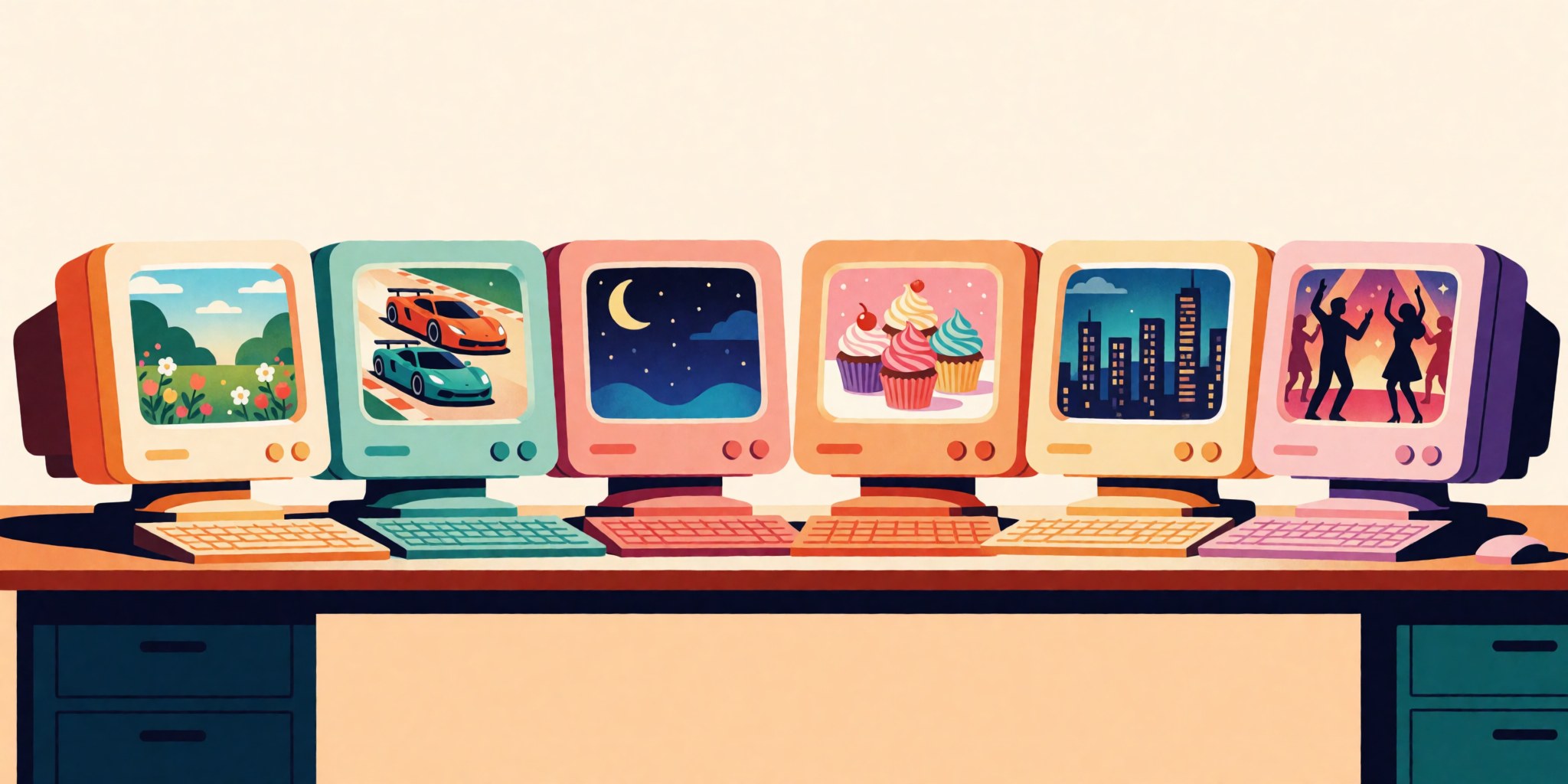 Six CRT monitors in a row, each glowing with its own colorful personality.