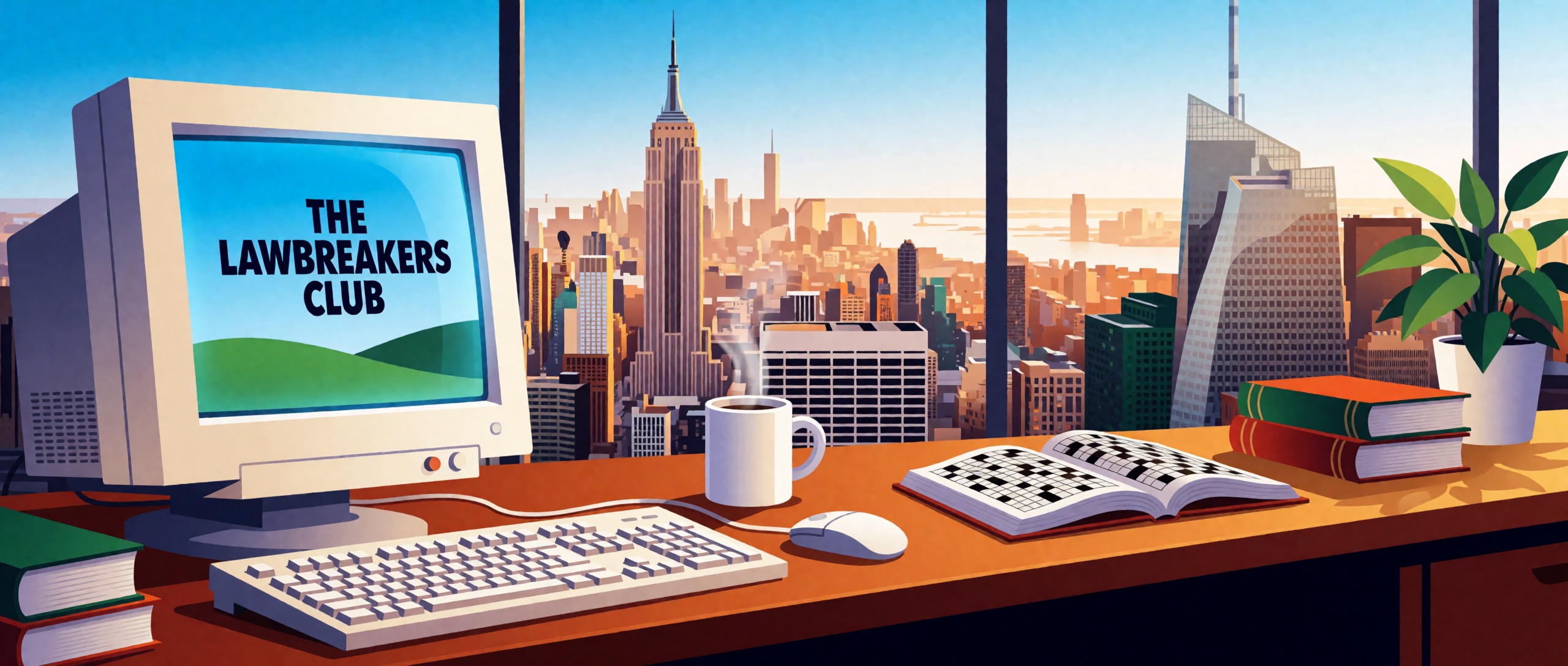 A sunlit 2007 office desk with a CRT monitor, lunch, and a Manhattan skyline behind it. The Lawbreakers Club logo glows on the monitor screen.